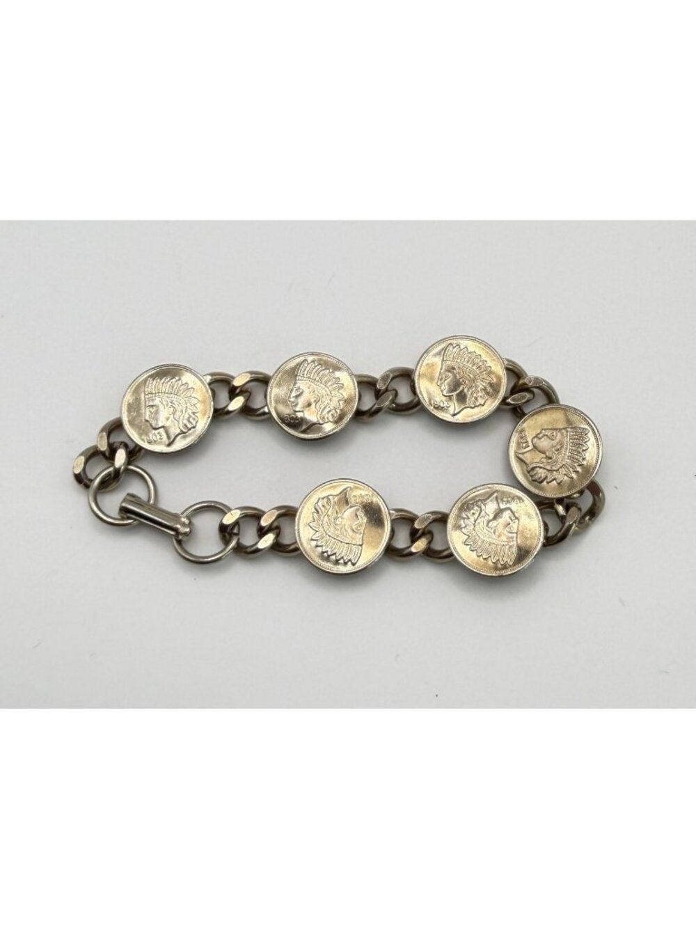 Vintage Indian Head Coin Bracelet Silver Tone Chain Novelty Token Jewelry - Picture 2 of 7
